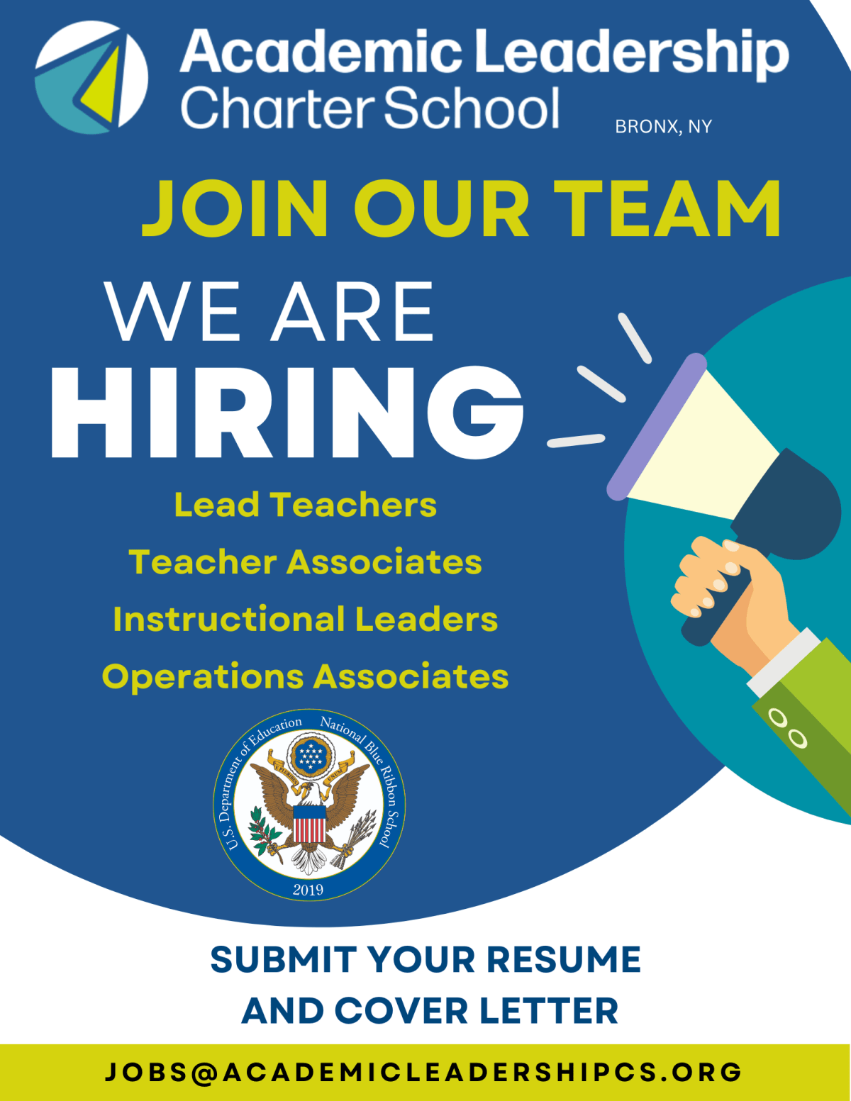 Join our team at Academic Leadership Charter School in the Bronx. Hiring Lead Teachers, Teacher Associates, Instructional Leaders, and Operations Associates. Submit your resume and cover letter to jobs@academicleadershipcs.org.